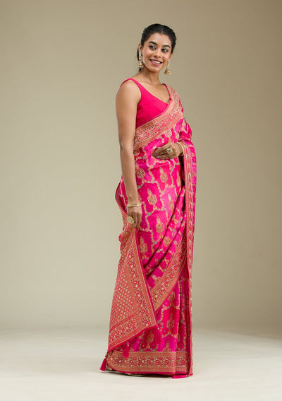 Rani Pink Plain Art Silk Saree-Koskii