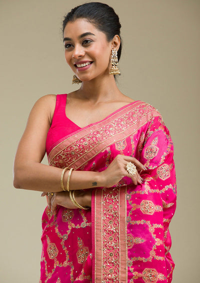 Rani Pink Plain Art Silk Saree-Koskii