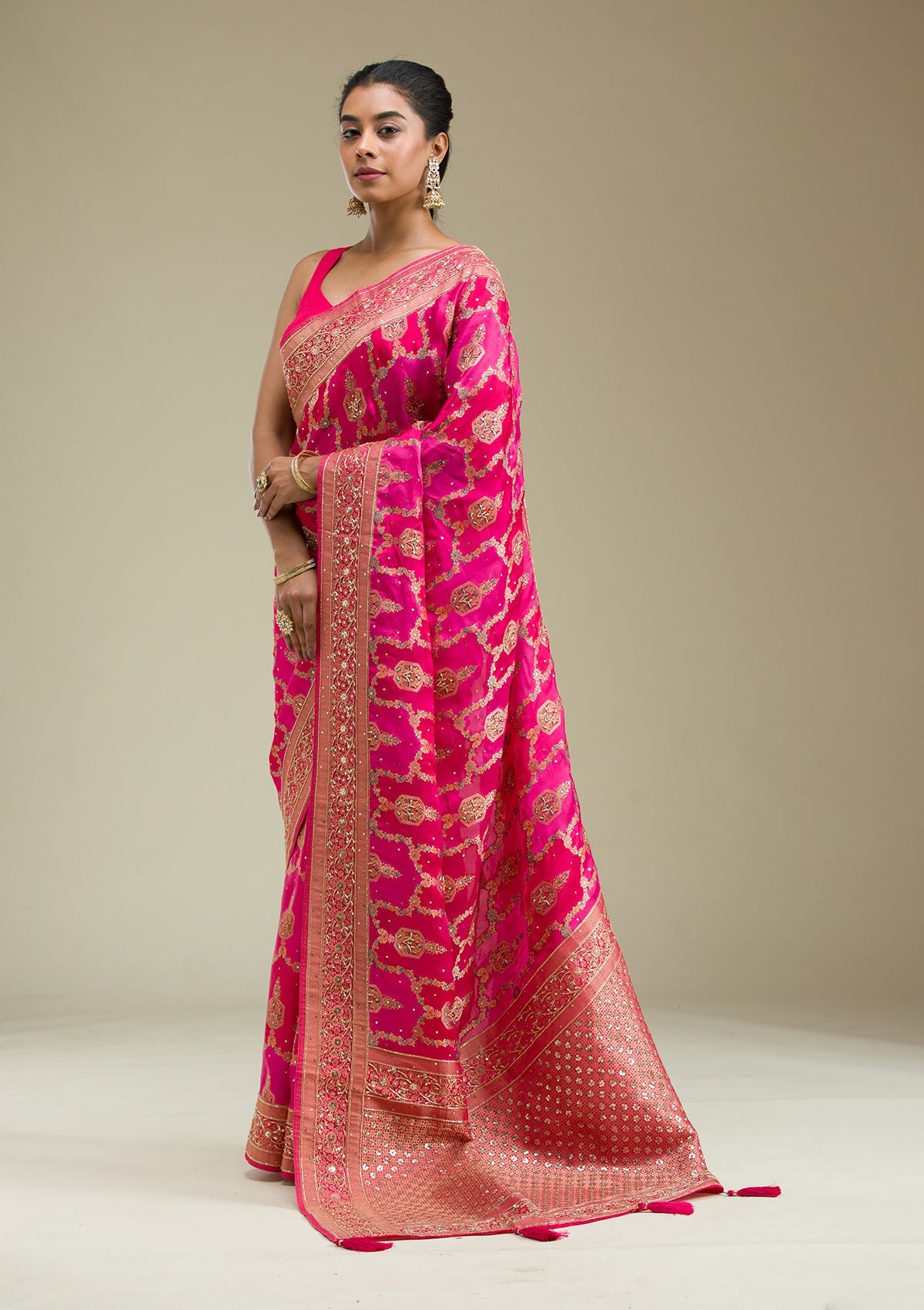 Rani Pink Plain Art Silk Saree-Koskii