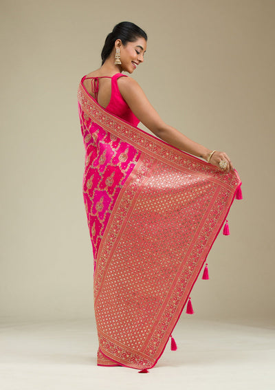 Rani Pink Plain Art Silk Saree-Koskii