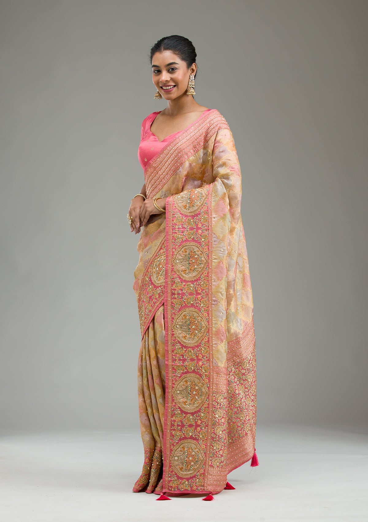 Pink Plain Art Silk Saree-Koskii