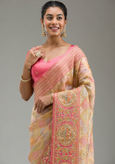 Pink Plain Art Silk Saree-Koskii