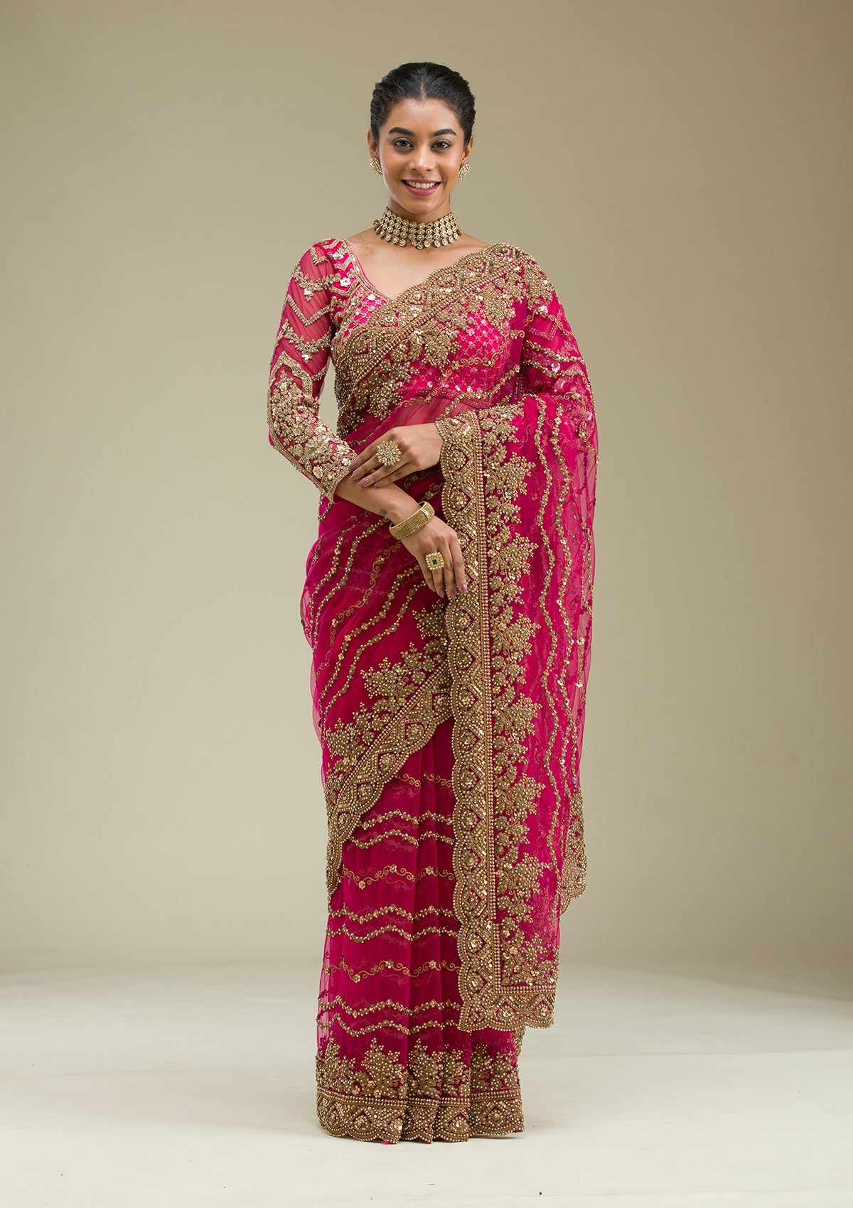 Rani Pink Stonework Net Saree-Koskii