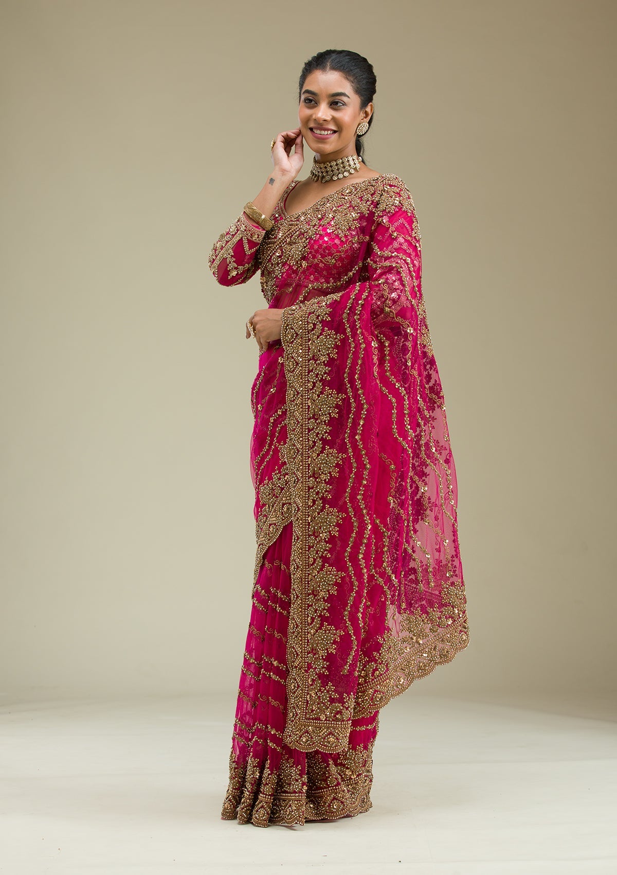 Rani Pink Stonework Net Saree-Koskii