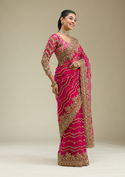 Rani Pink Stonework Net Saree-Koskii