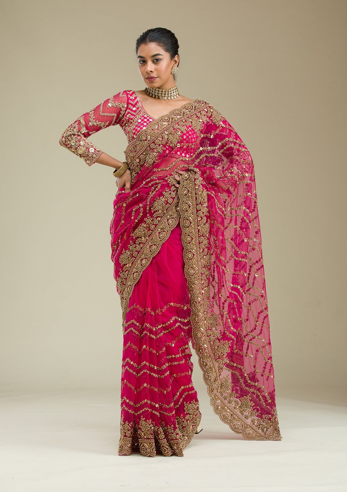 Rani Pink Stonework Net Saree-Koskii