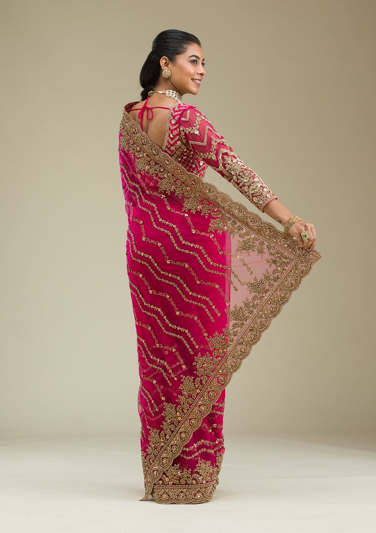 Rani Pink Stonework Net Saree-Koskii