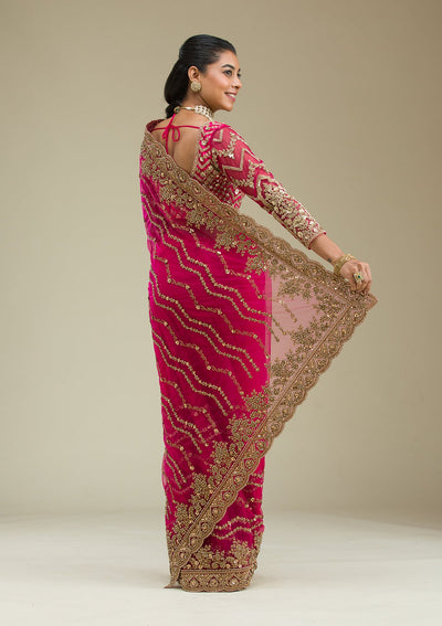 Rani Pink Stonework Net Saree-Koskii