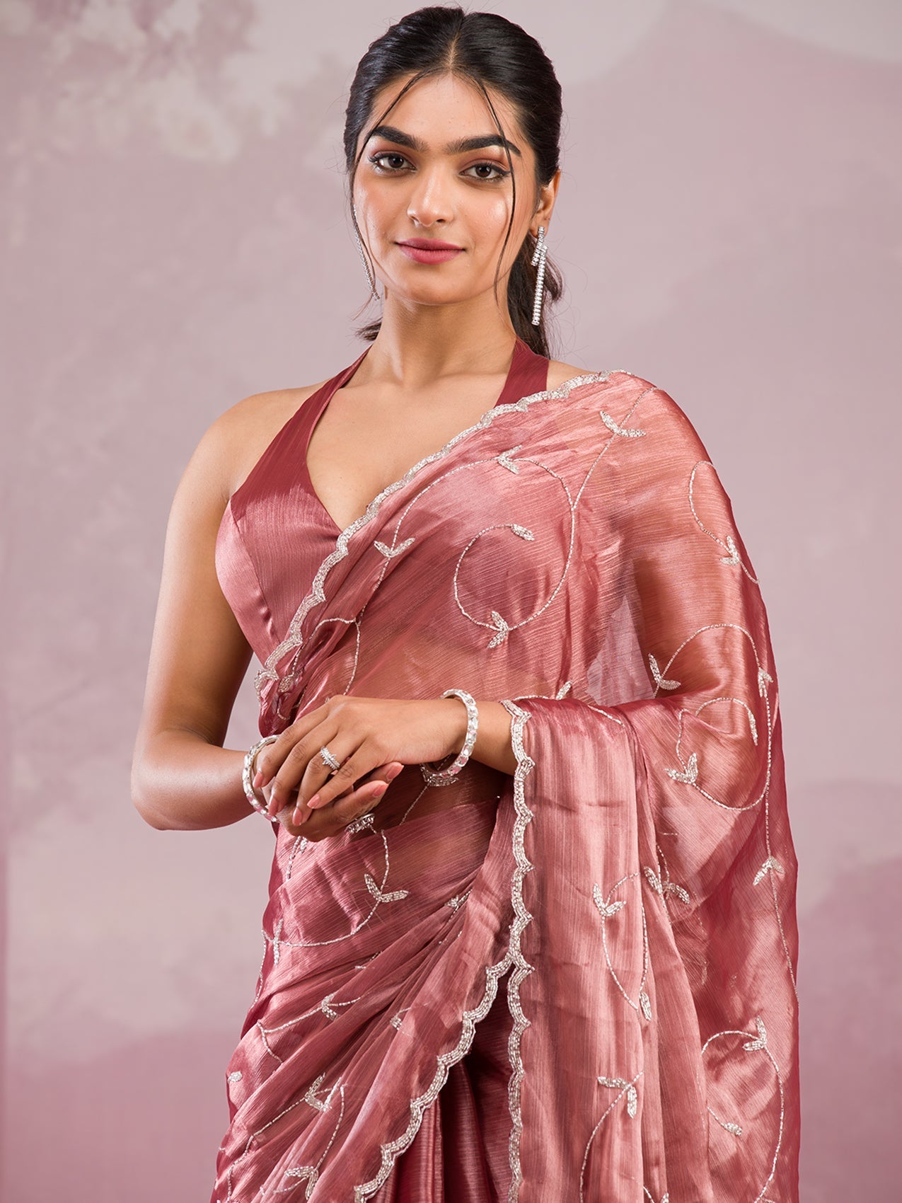 Off White Threadwork Tissue Saree-Koskii