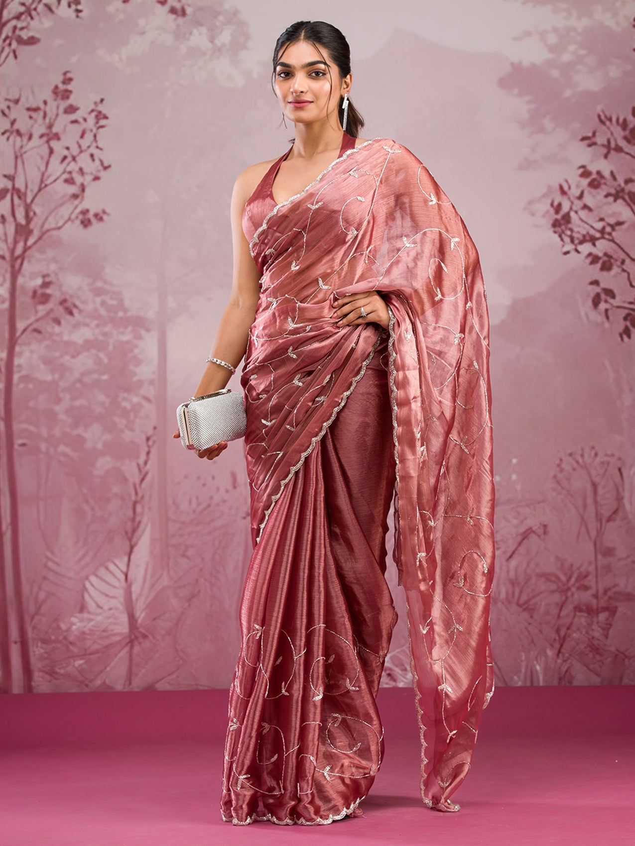 Off White Threadwork Tissue Saree-Koskii