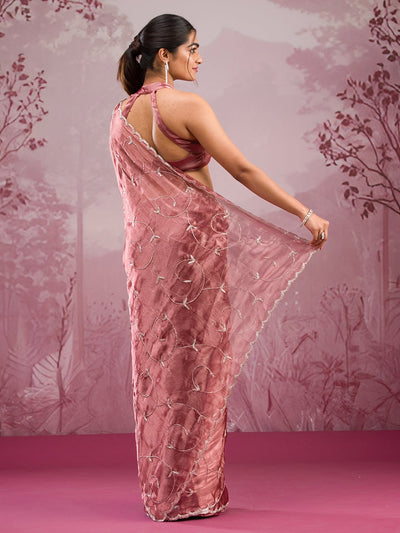 Off White Threadwork Tissue Saree-Koskii