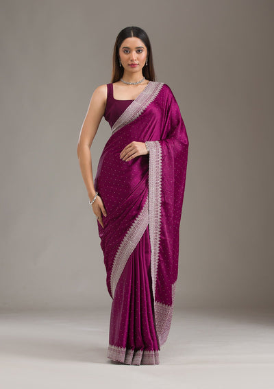 Wine Stonework Satin Saree-Koskii