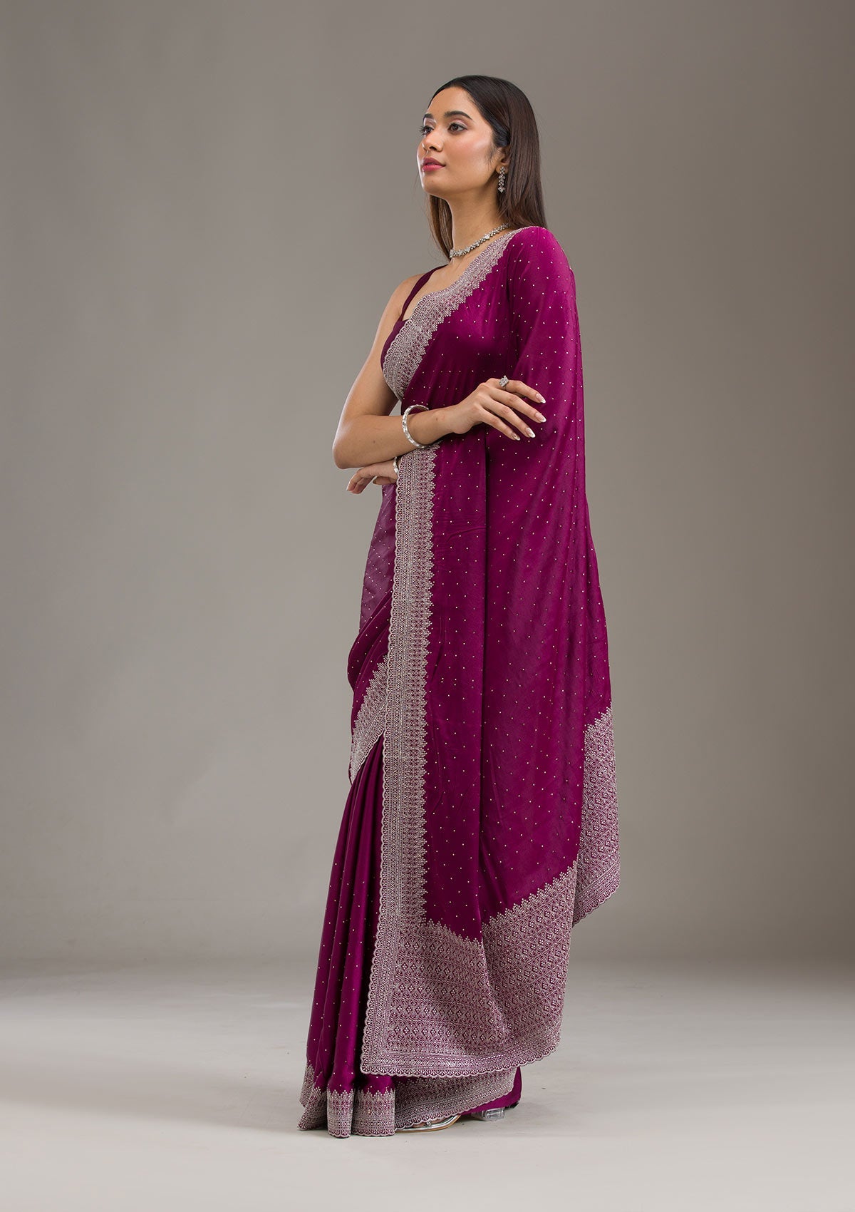 Wine Stonework Satin Saree-Koskii