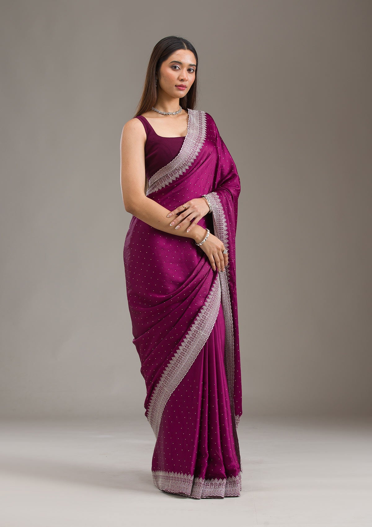 Wine Stonework Satin Saree-Koskii