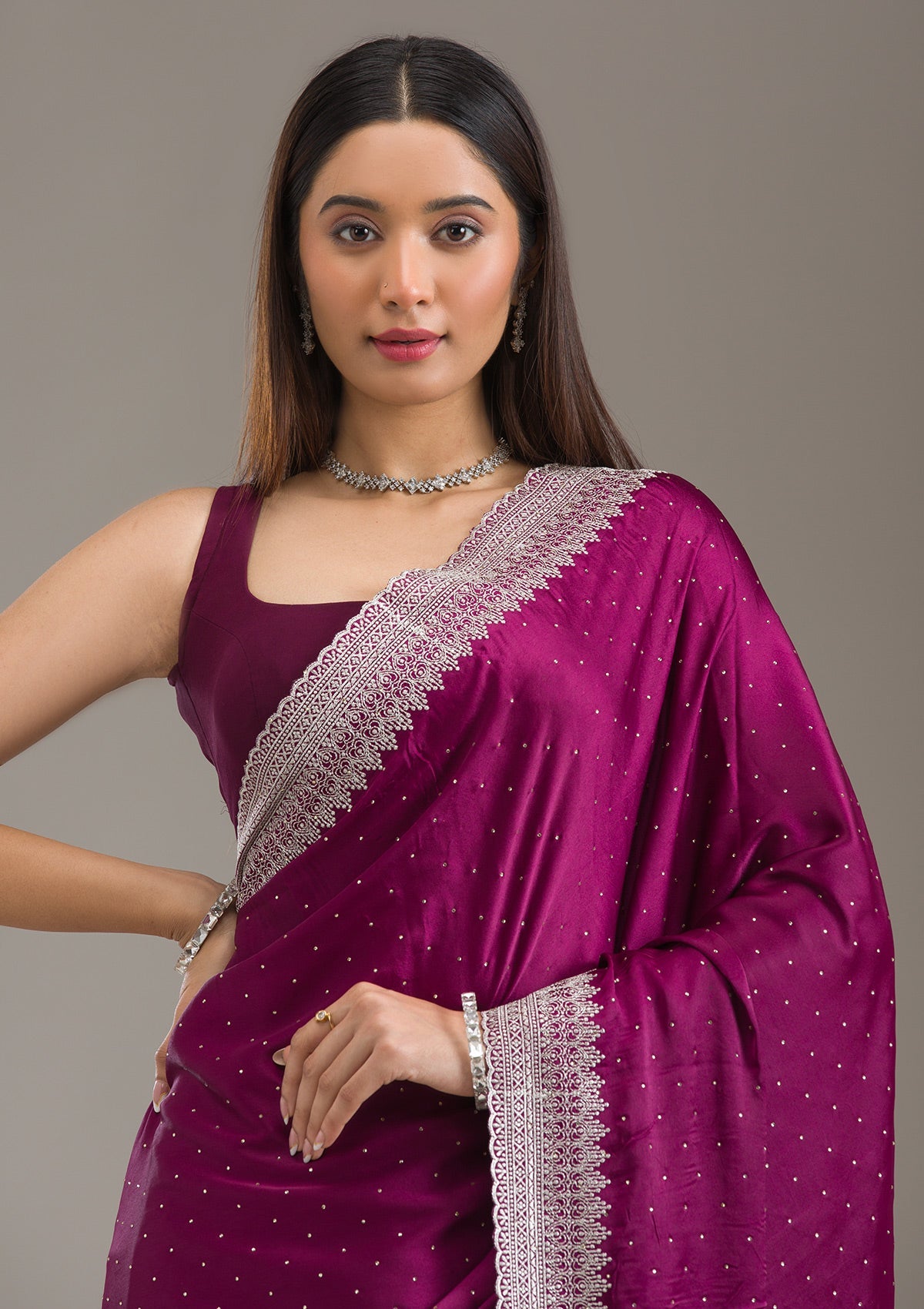 Wine Stonework Satin Saree-Koskii