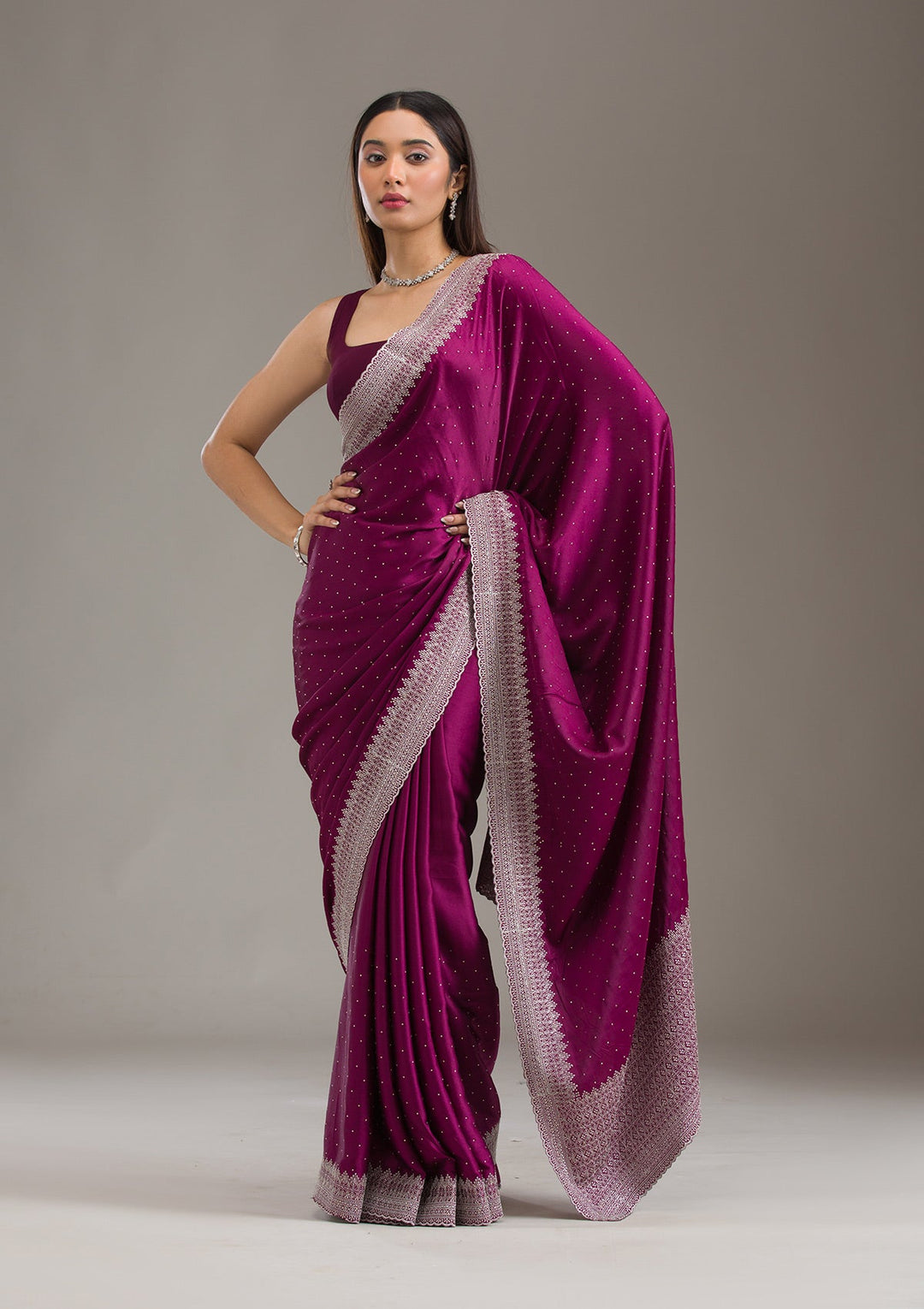 Wine Stonework Satin Saree-Koskii