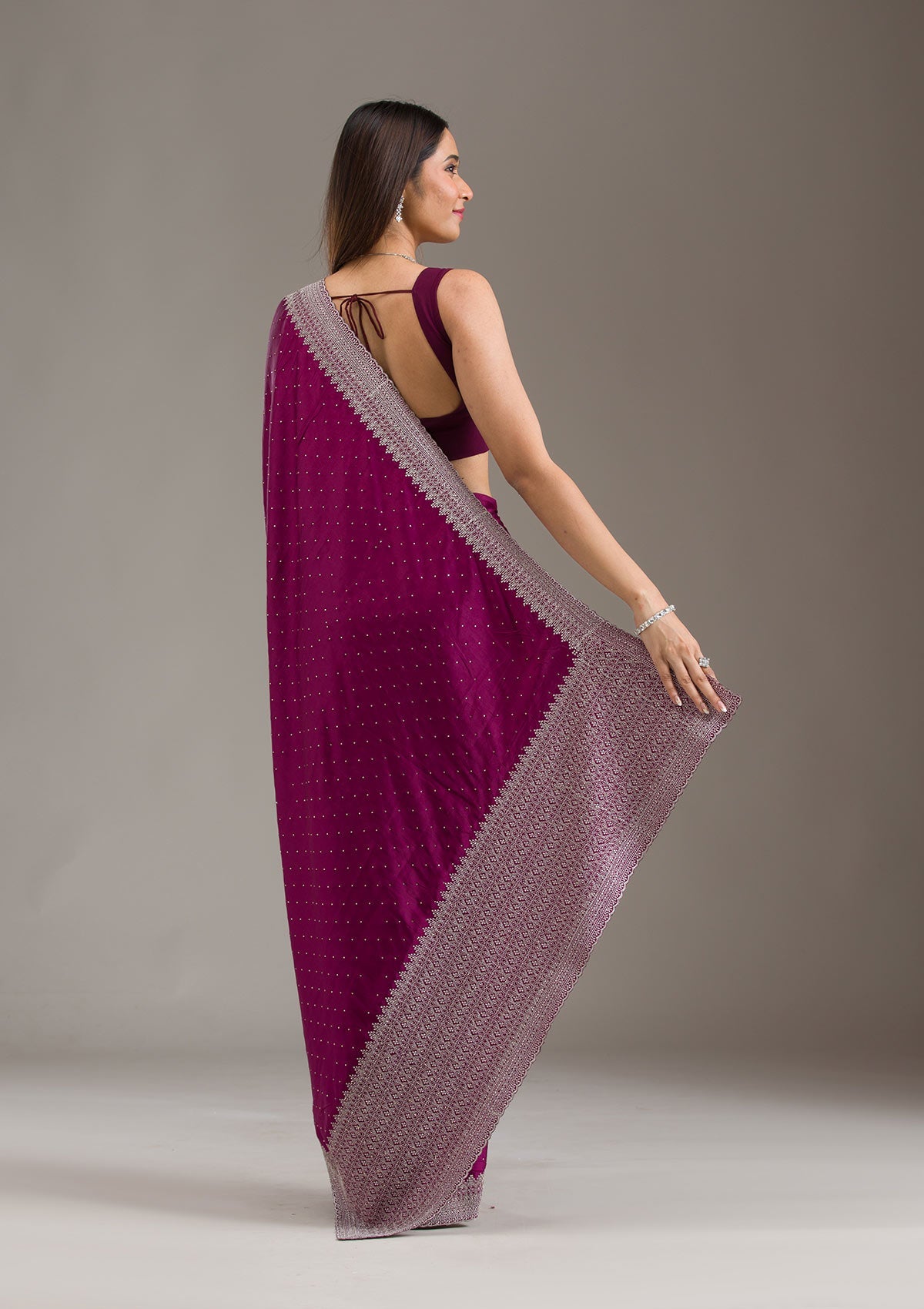 Wine Stonework Satin Saree-Koskii