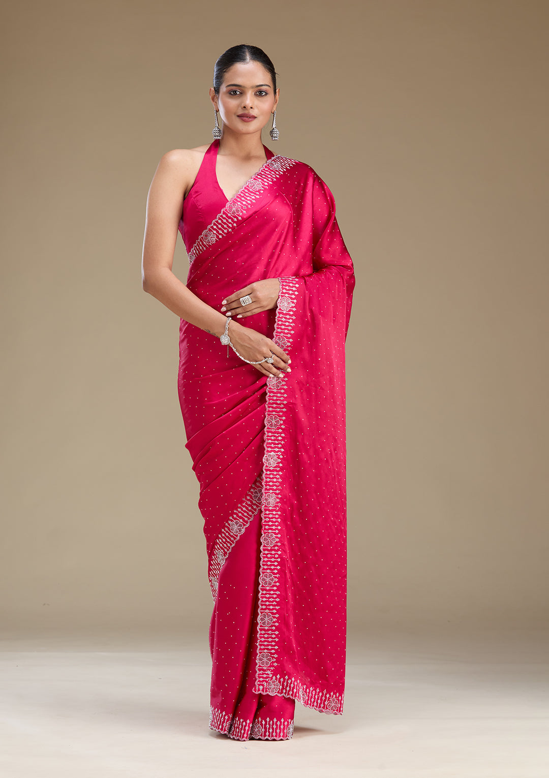 Rani Pink Swarovski Satin Saree