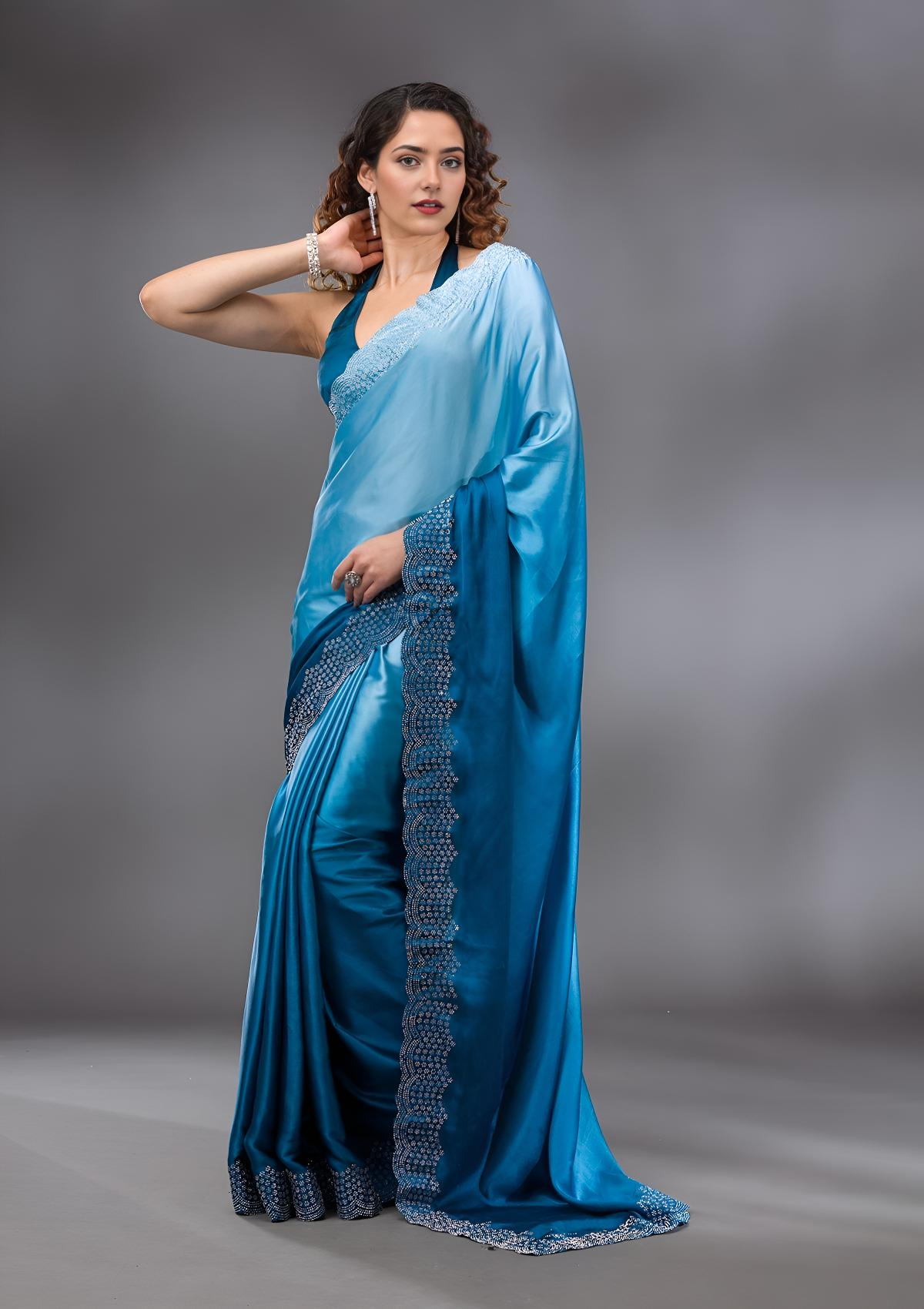 Peacock Blue Swarovski Satin Saree
