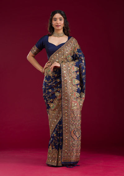 Navy Blue Cutdana Art Silk Saree-Koskii