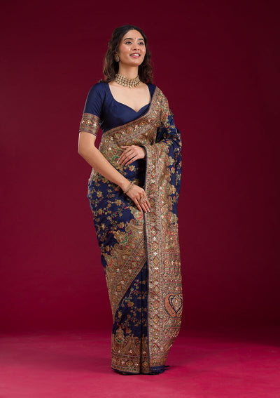 Navy Blue Cutdana Art Silk Saree-Koskii