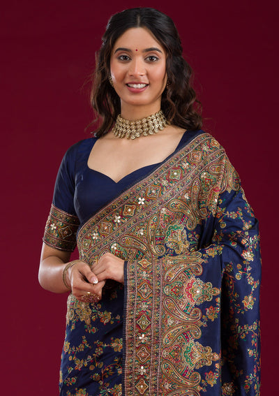 Navy Blue Cutdana Art Silk Saree-Koskii