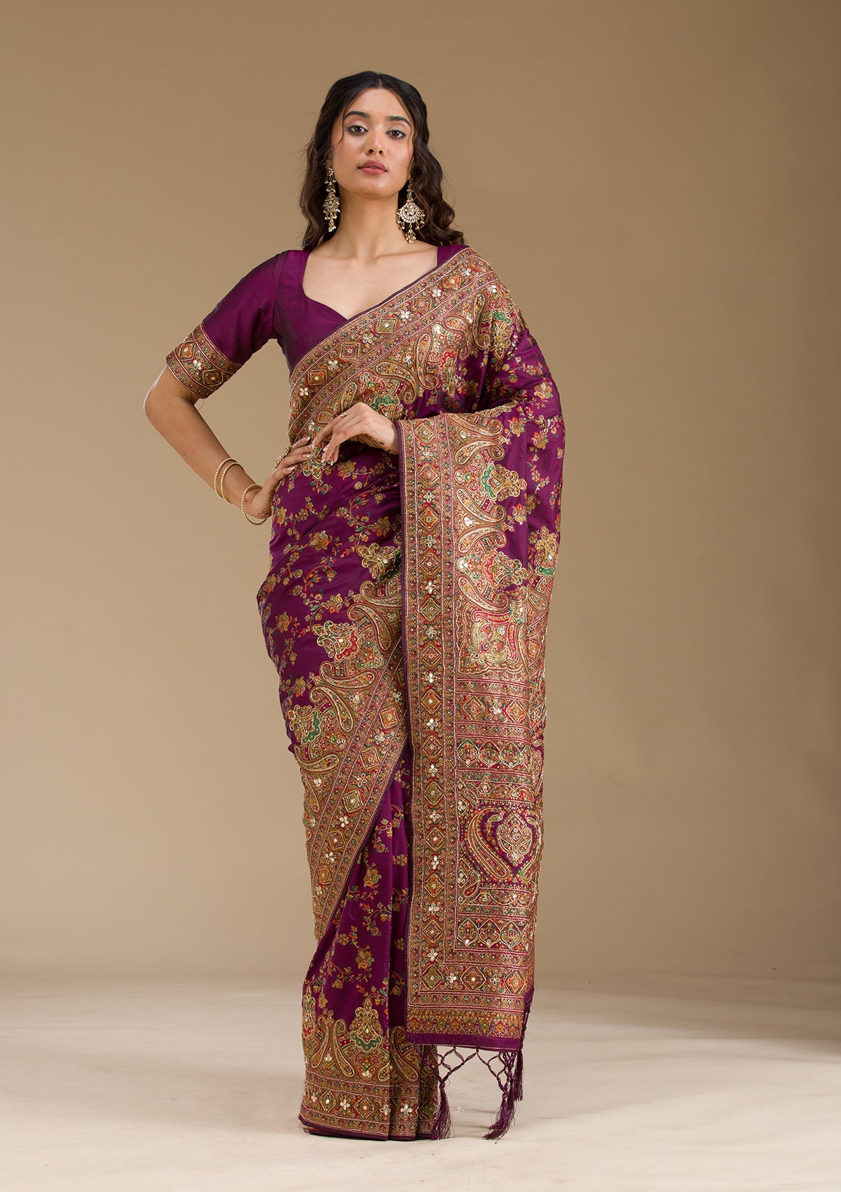 Purple Cutdana Art Silk Saree-Koskii