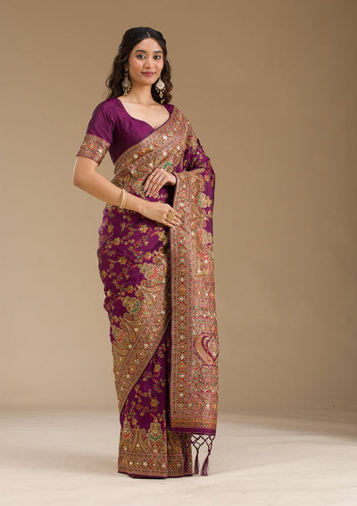 Purple Cutdana Art Silk Saree-Koskii