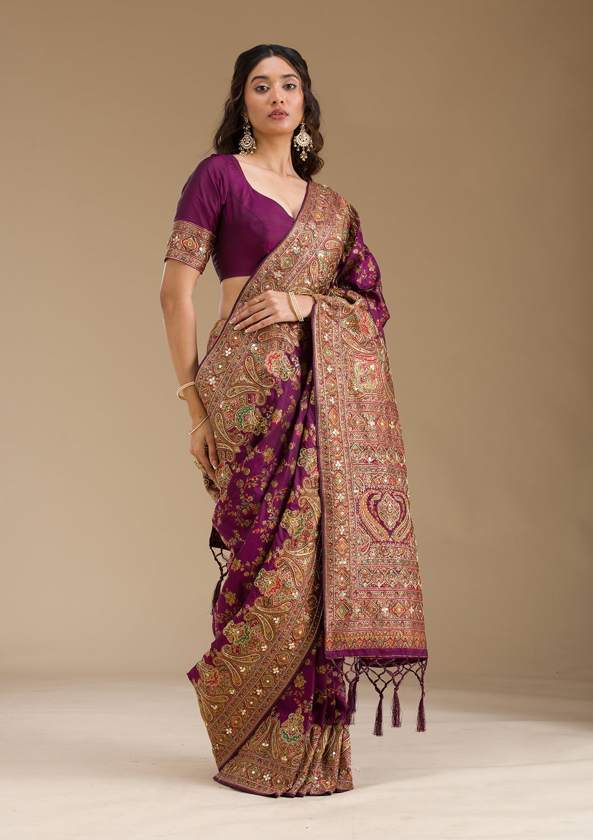 Purple Cutdana Art Silk Saree-Koskii