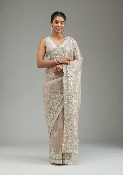 Beige Zariwork Tissue Saree-Koskii