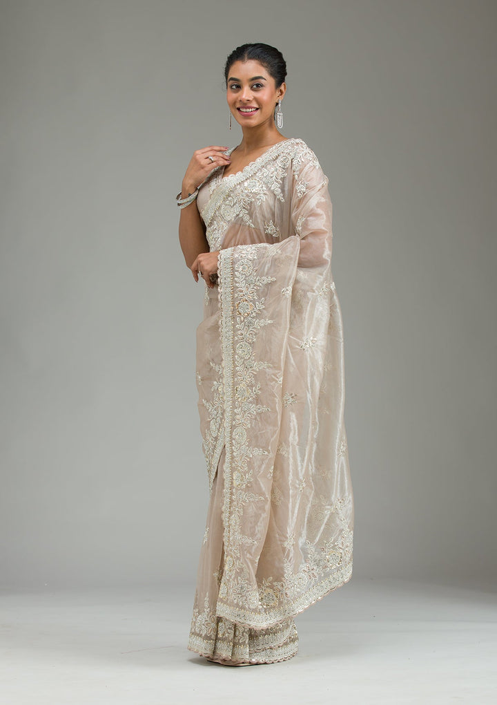 Beige Zariwork Tissue Saree-Koskii