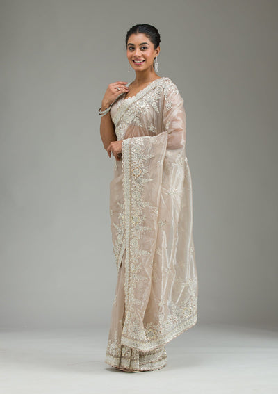 Beige Zariwork Tissue Saree-Koskii