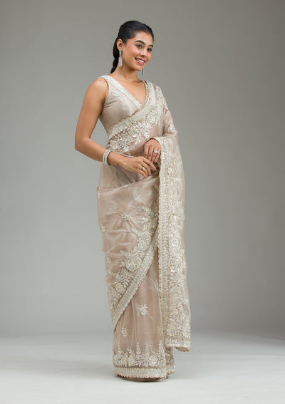 Beige Zariwork Tissue Saree-Koskii