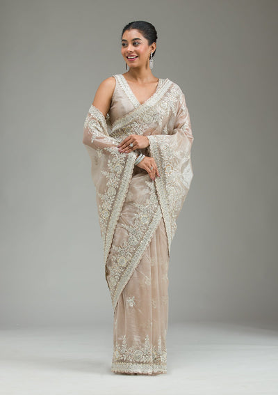 Beige Zariwork Tissue Saree-Koskii