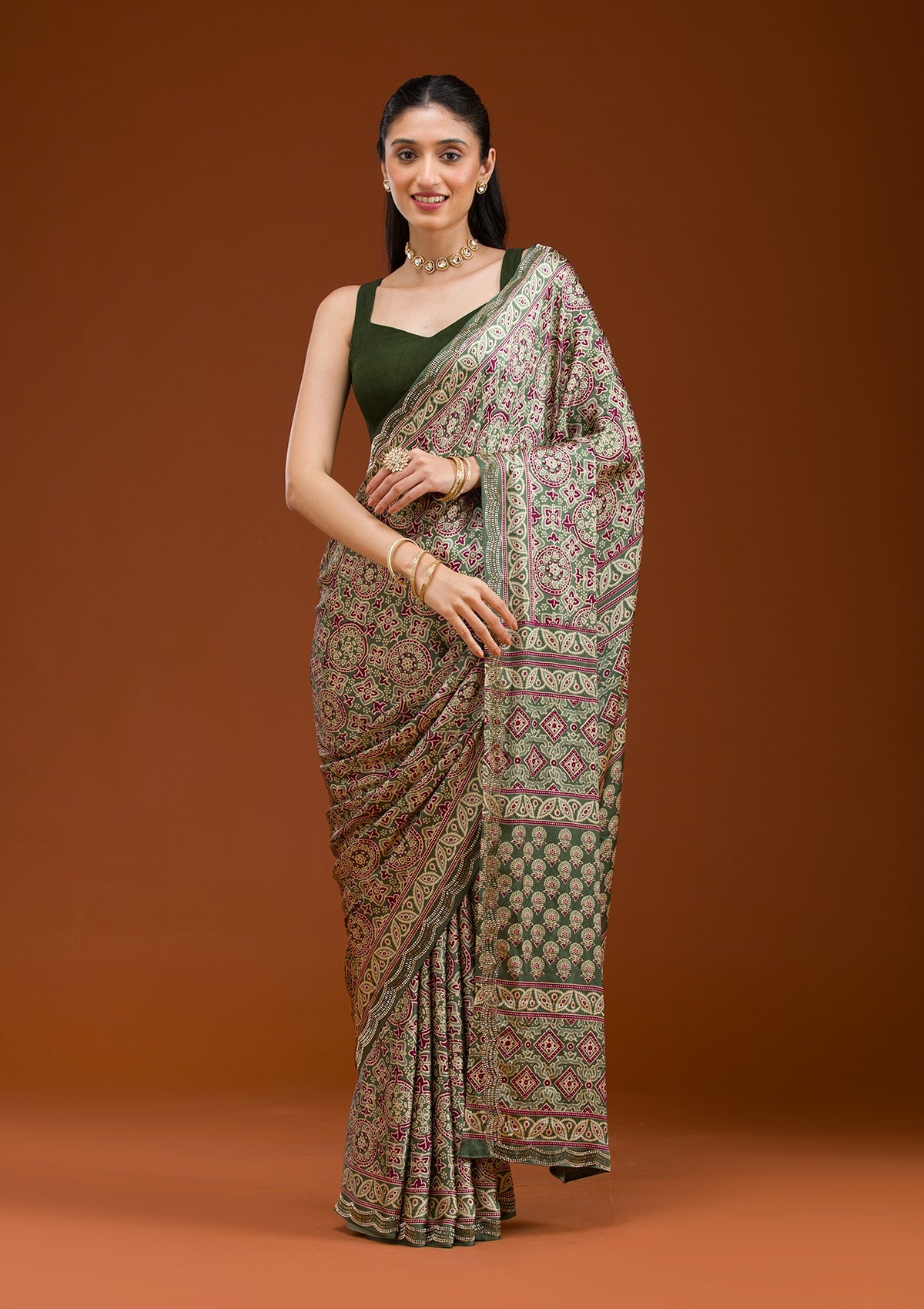 Green Printed Satin Saree-Koskii