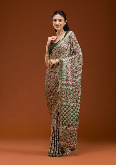 Green Printed Satin Saree-Koskii