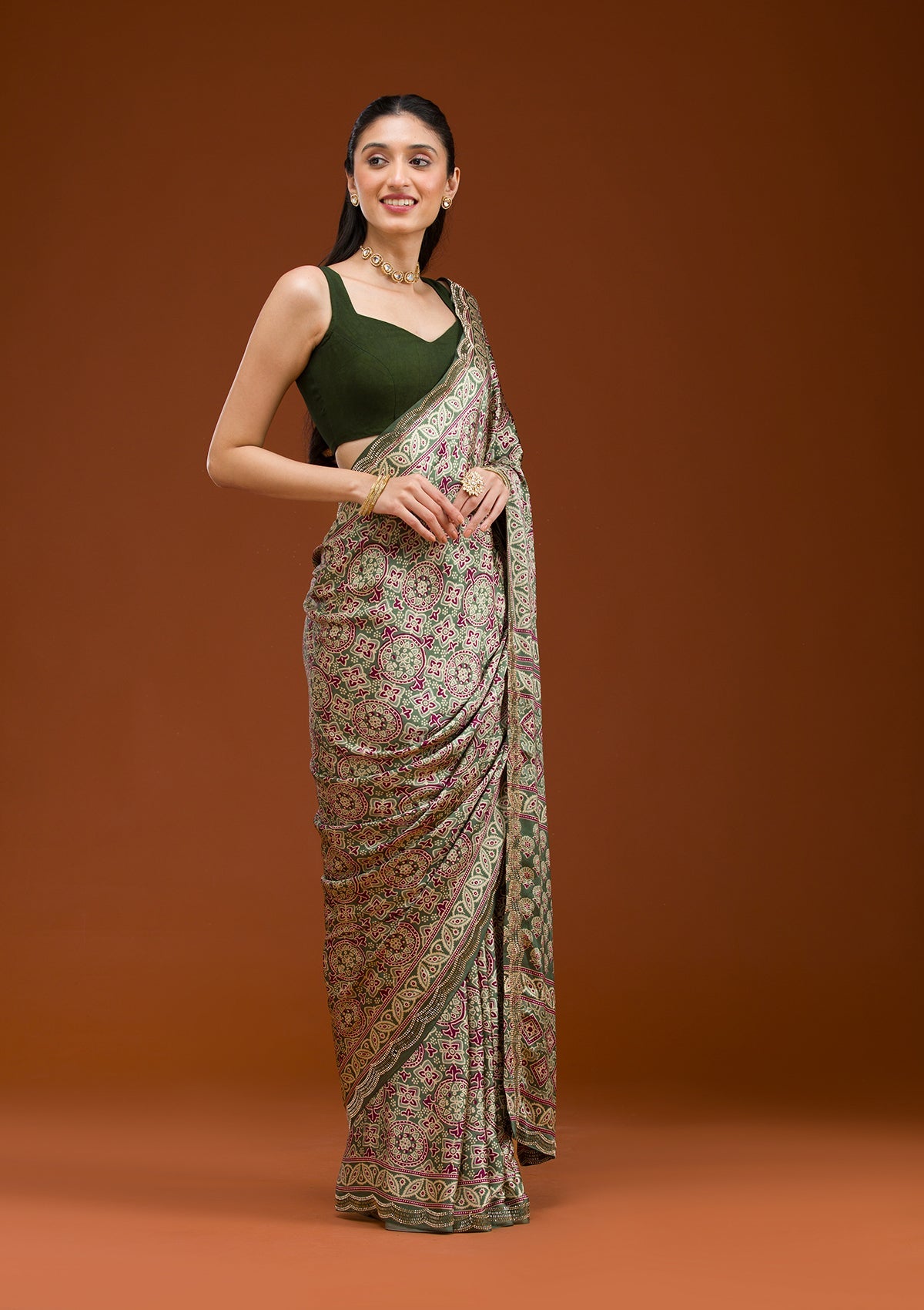 Green Printed Satin Saree-Koskii