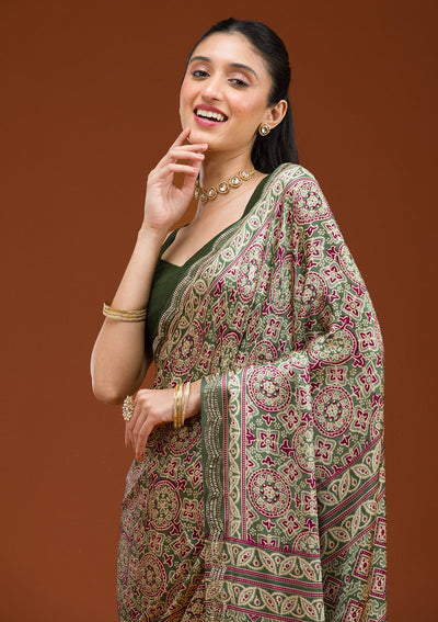 Green Printed Satin Saree-Koskii