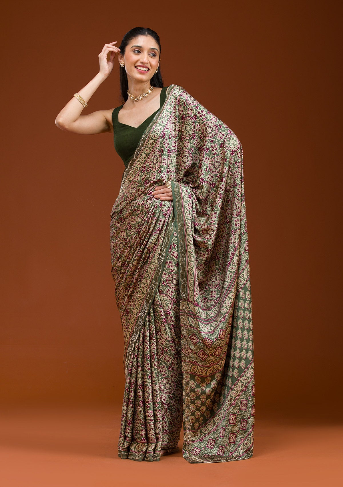 Green Printed Satin Saree-Koskii