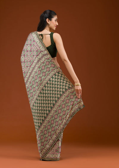 Green Printed Satin Saree-Koskii