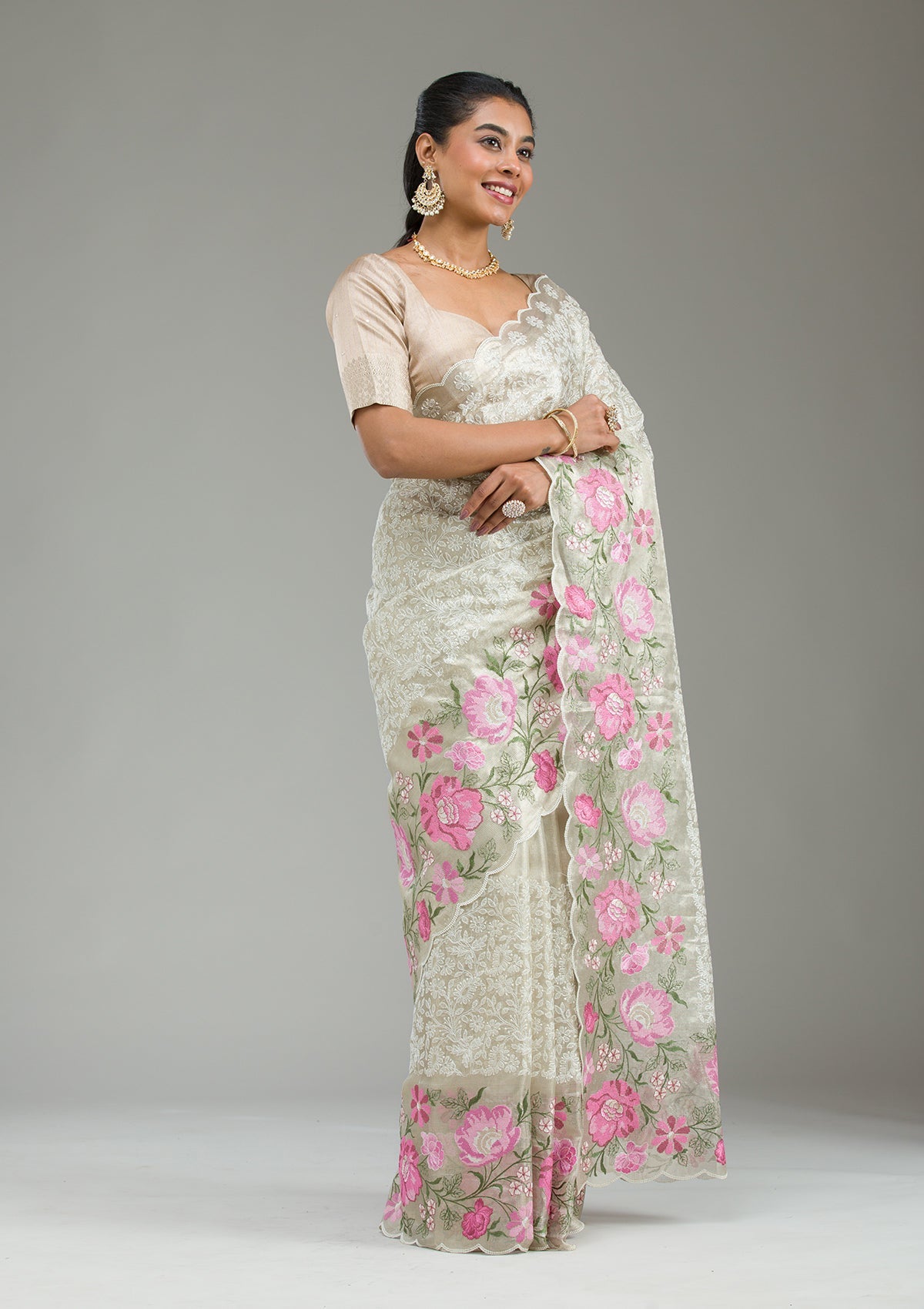 Rani Pink Printed Tissue Saree-Koskii