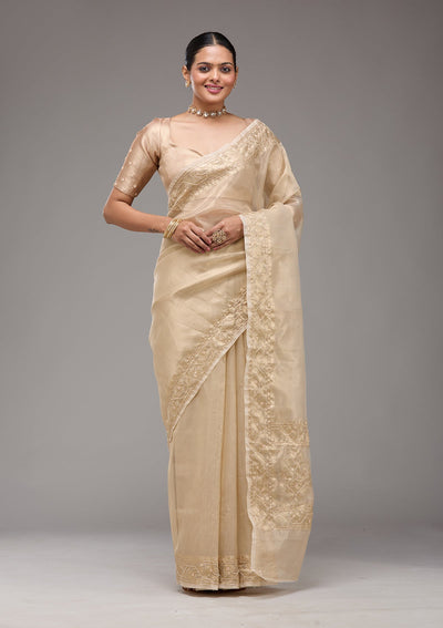 Beige Zariwork Tissue Saree-Koskii