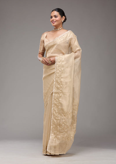 Beige Zariwork Tissue Saree-Koskii