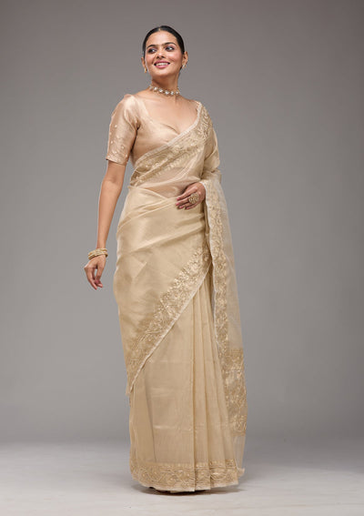 Beige Zariwork Tissue Saree-Koskii