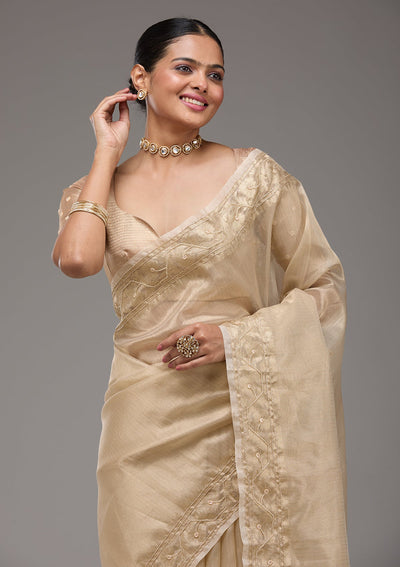 Beige Zariwork Tissue Saree-Koskii