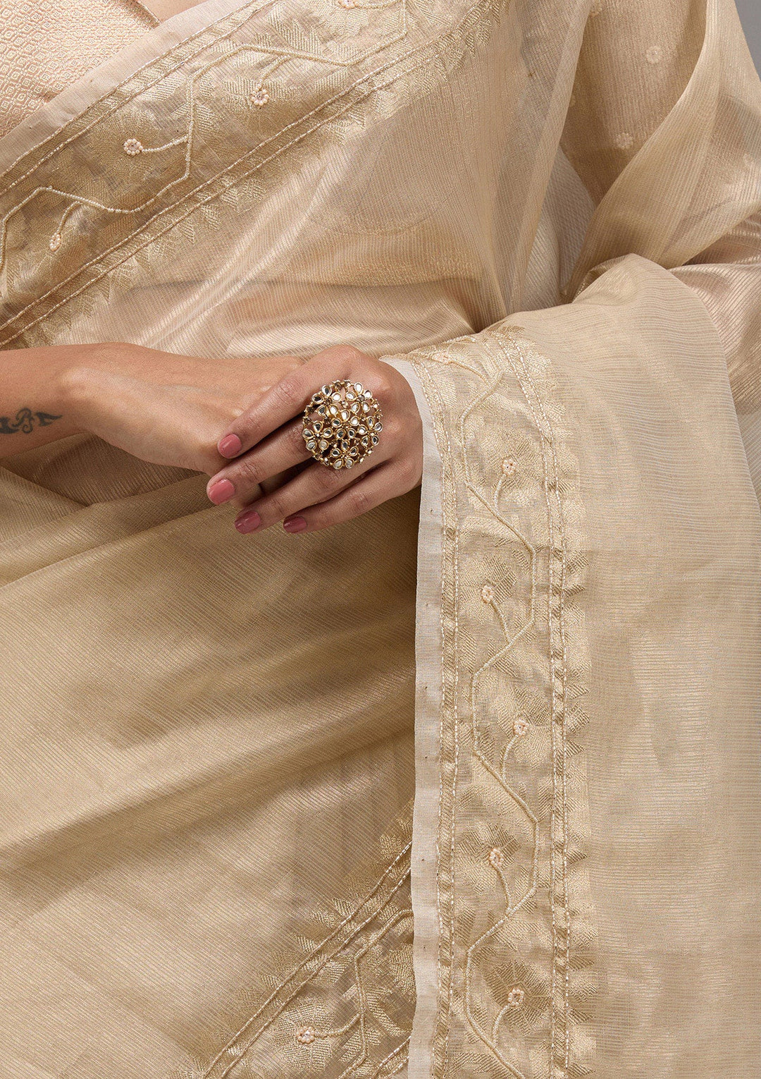 Beige Zariwork Tissue Saree-Koskii