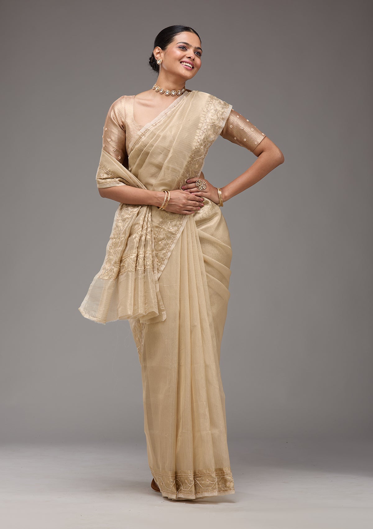 Beige Zariwork Tissue Saree-Koskii