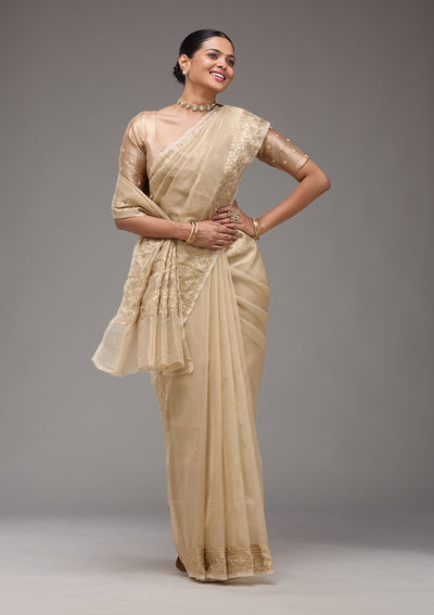 Beige Zariwork Tissue Saree-Koskii