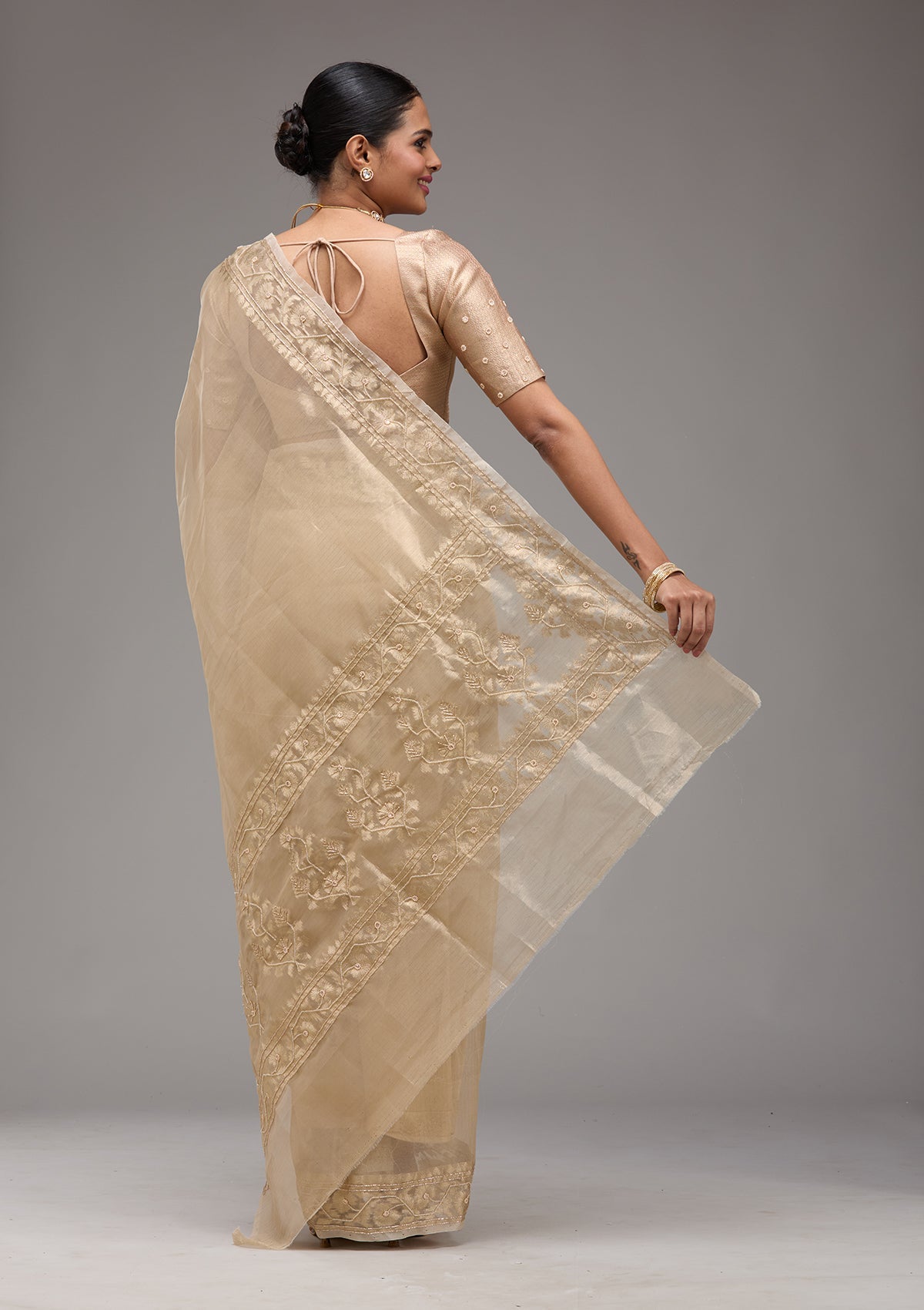 Beige Zariwork Tissue Saree-Koskii