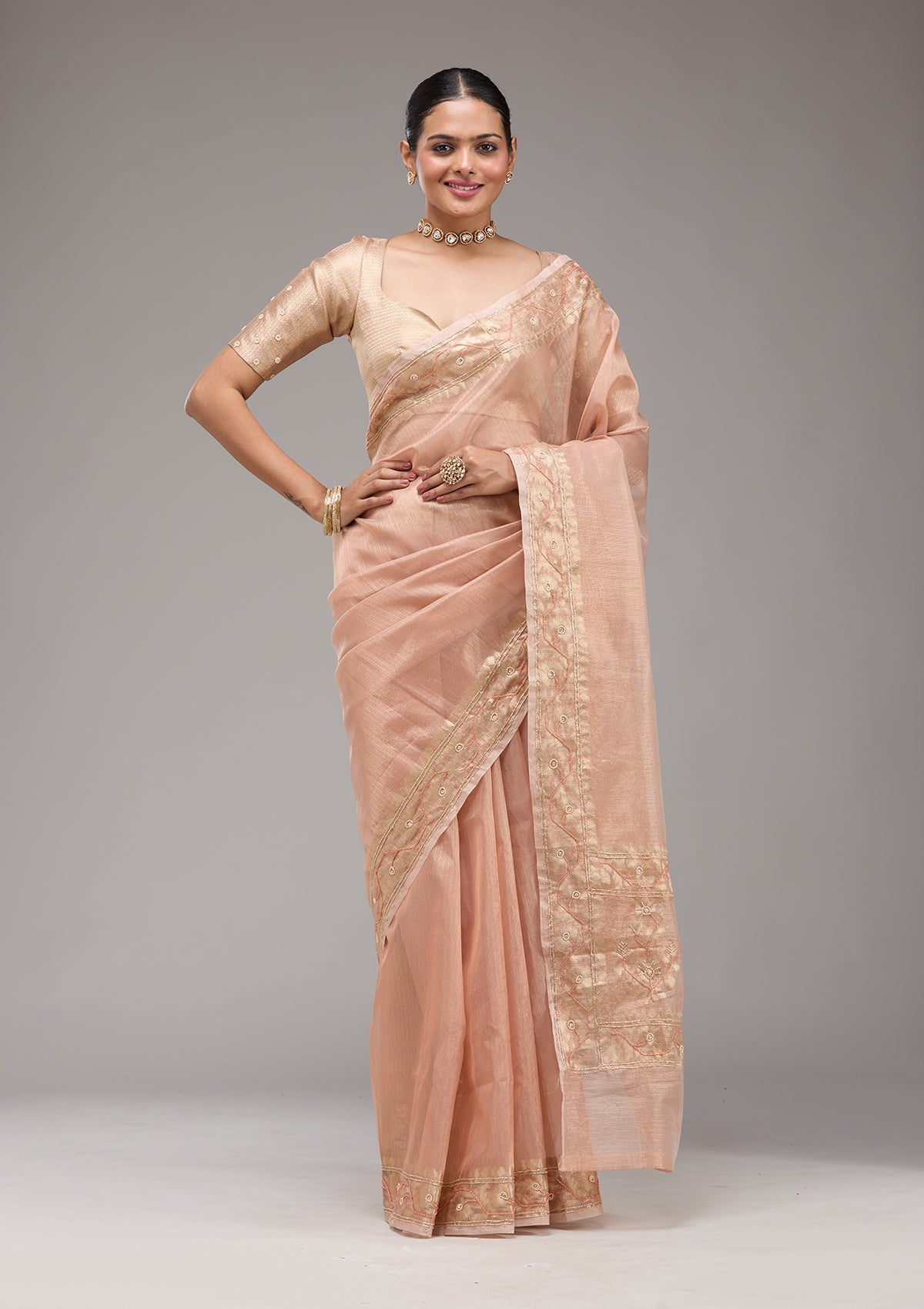 Peach Zariwork Tissue Saree-Koskii